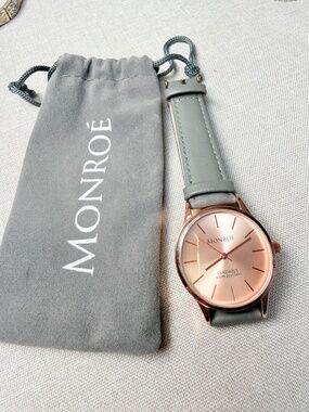Ladies Monroe by Maestro Rose Gold Tone Gray Genuine Leather Watch New